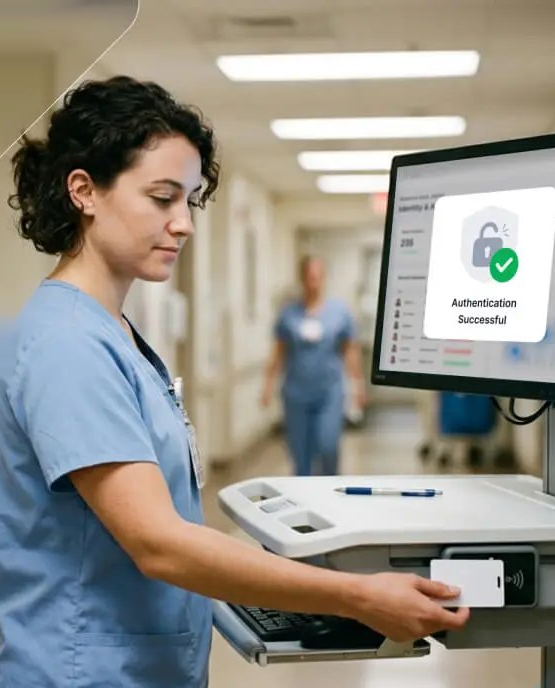 A clinician taps her badge at a shared hospital workstation and is authenticated instantly
