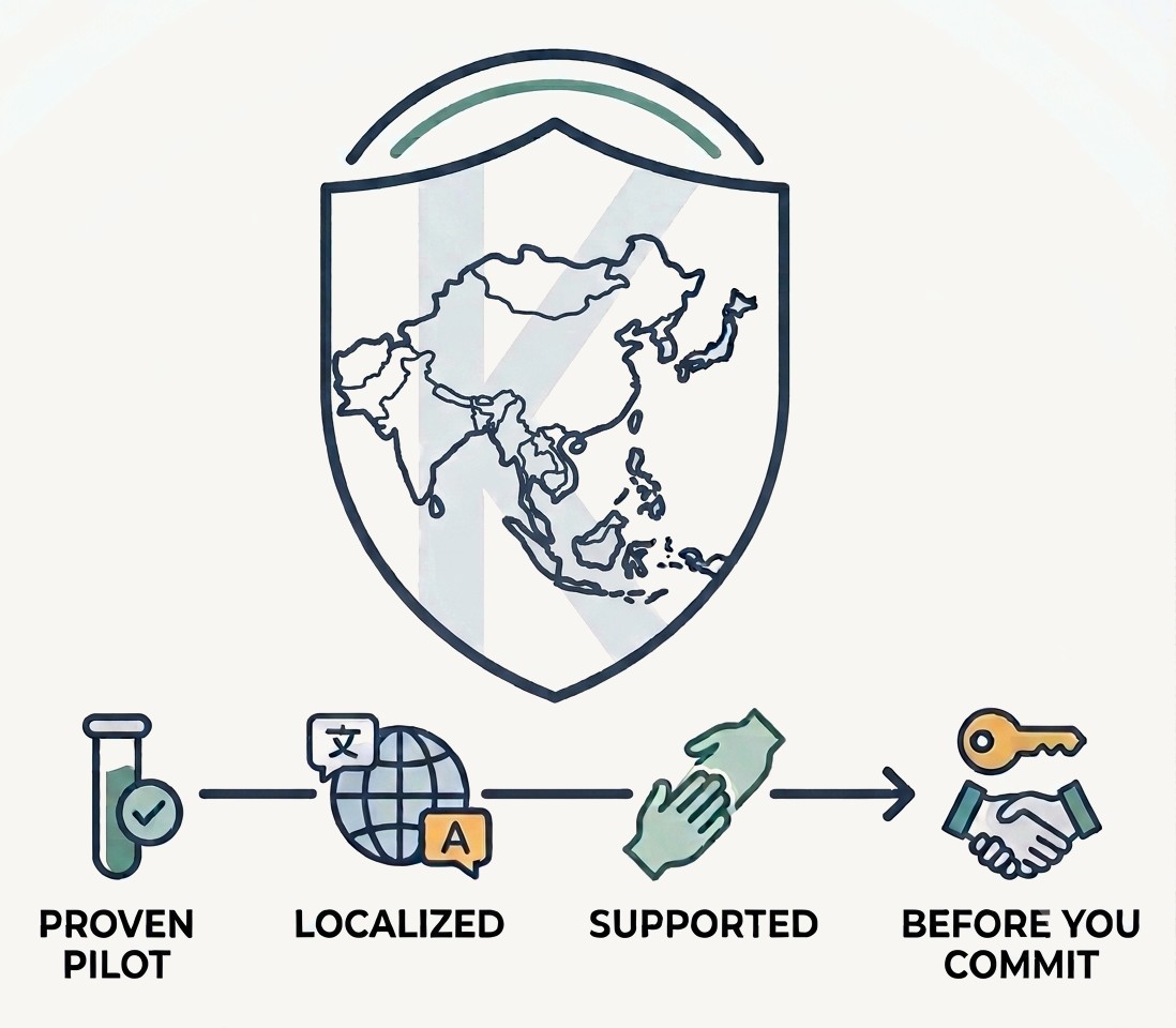 A shield holding a map of Asia, with the four Kiranara steps beneath: proven pilot, localized, supported, before you commit
