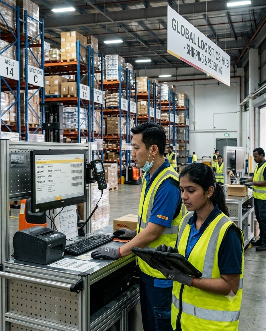 Warehouse workers scanning parcels at a shared logistics workstation