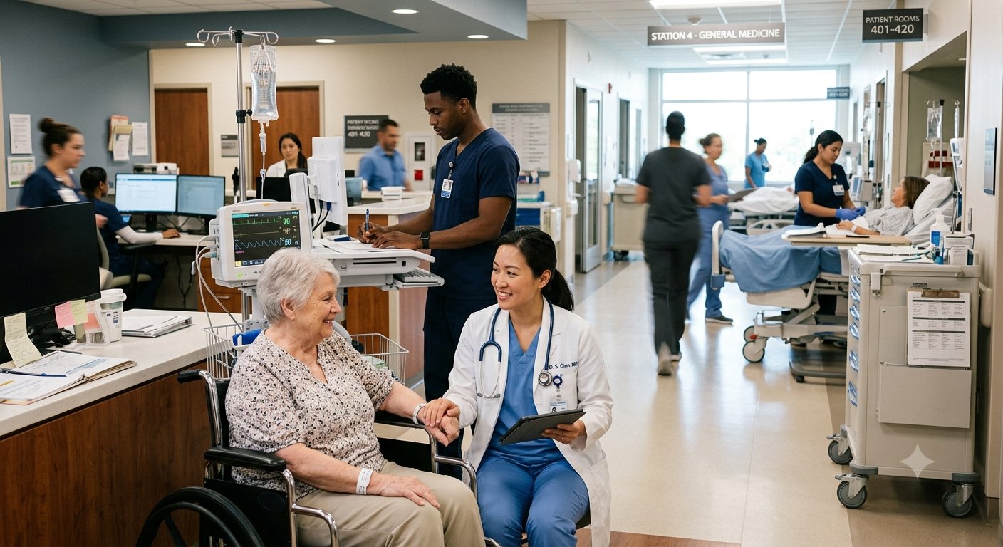 A busy hospital ward: a doctor kneels beside an elderly patient in a wheelchair while nurses work at stations behind them